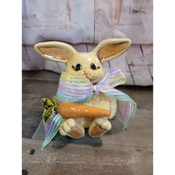 Ceramic brown easter bunny AS IS rabbit carrot bow decor figure - Picture 1 of 9